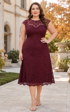Burgundy Illusion Bateau Cap Sleeve Lace Tea Plus Size Guest Dress