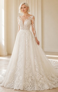 Vestido de novia romántico de encaje con escote en V y mangas largas, corte en A, estilo catedral.