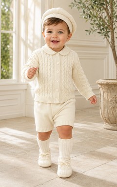 Cárdigan corto de punto trenzado color crema, conjunto de dos piezas para bautizo de bebé niño.