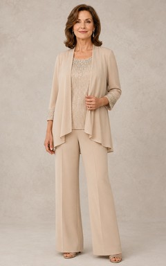 Champagne Beaded Top Mother Pantsuit Champagne Scoop Jewel Jumpsuit Ankle-length