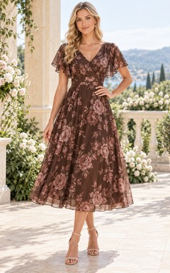 Chocolate Rose Print V-Neck Flutter Sleeve Tea-Length Chiffon Guest Dress