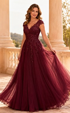 Burgundy V-Neck Cap Sleeve Floral Applique Tulle A-Line Floor Length Mother Dress