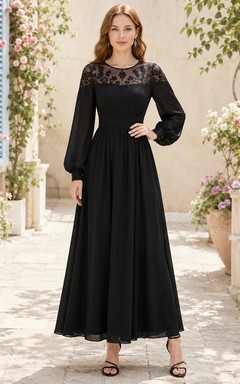 Black Lace Yoke Jewel-Neck A-Line Floor-Length Long-Sleeve Elegant Evening Gown