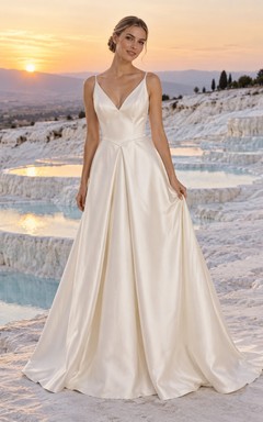 Vestido de novia sencillo de corte A con escote en V y pliegues de satén, con cola.