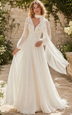 Vestido de novia clásico de encaje con falda acampanada, mangas largas y cola larga