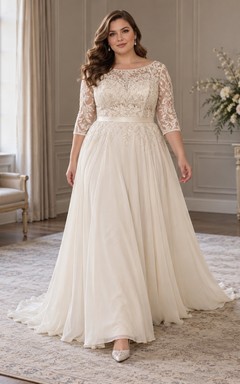 Vestido de novia de gasa con encaje y escote barco, corte en A, con mangas cortas adornadas con cuentas.