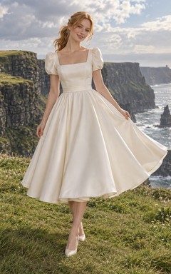 Vestido de novia vintage de satén mate, corte A, largo hasta la rodilla, escote cuadrado y manga corta