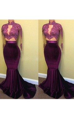 Mermaid Trumpet Satin Lace High Neck Long Sleeve Illusion Dress