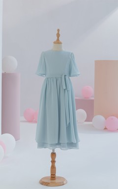 Jewel-neck Chiffon Half-sleeve Short Layered Flowergirl Dress