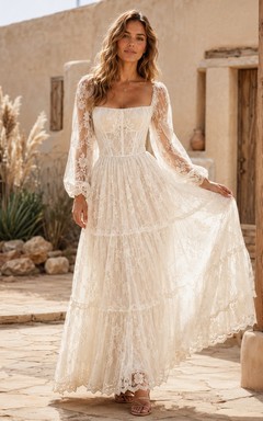Bohemian Lace Square Neck Long Sleeve A-Line Tiered Wedding Gown