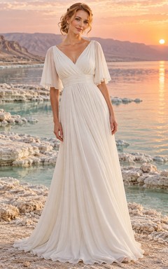 Vestido de novia sencillo de gasa con escote en V, mangas cortas, corte en A y corpiño fruncido