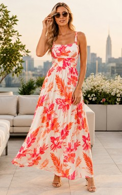 Coral Floral Spaghetti Strap Lifestyle Shoot Maxi Dress
