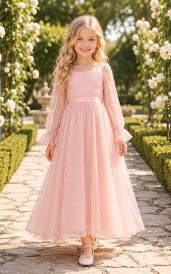 Romantic Ankle-Length A-Line Garden Flower Girl Blush Chiffon Long Sleeve Square Neck Dress