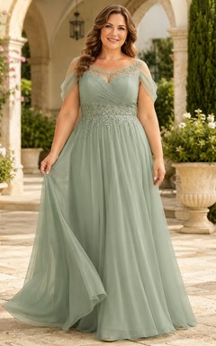 Plus size sage illusion lace bodice tulle mother gown