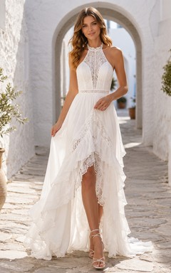 Boho Adlib Halter High Neck High Low Layered Train Wedding Dress