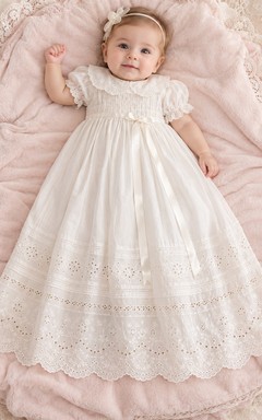 Ivory Lace Collar Puff Sleeve Smocked Eyelet Baby Baptism Gown