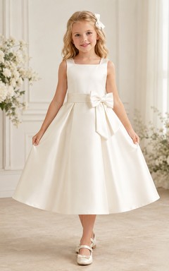 Robe de demoiselle d'honneur élégante en satin champagne, col carré, sans manches, nœud sur le devant, longueur thé, coupe trapèze, en satin, col rond, sans manches, longueur thé.