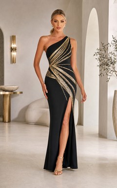 Black Gold Draped One Shoulder Split Mermaid Formal Dress