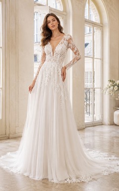 Elegantes Brautkleid aus Chiffon-Spitze mit tiefem V-Ausschnitt, langen transparenten Ärmeln und A-Linien-Schnitt, Kapellenschleppe