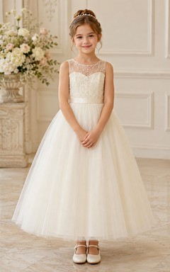 Blumenmädchenkleid aus elfenbeinfarbener Spitze und Tüll, A-Linie, Rundhalsausschnitt, Teelänge