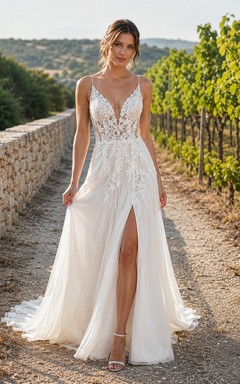 Boho Country A Line Spaghetti Deep V Lace Split Chapel Train Wedding Dress