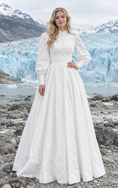 Einfaches, langärmeliges, hochgeschlossenes, A-Linien-Brautkleid aus gewebtem Popeline mit Knöpfen, bodenlang