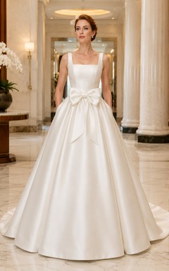 Satin Wedding Dress Ball Gown Square Neck Sleeveless Sweep Train Bridal Gown