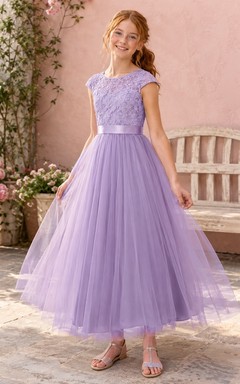 Lavendelfarbenes Brautjungfernkleid für junge Damen, A-Linie, eckiger Schnitt, kurze Flügelärmel, Spitze, Tüll, bezaubernd, romantisch