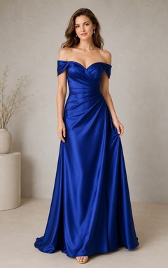 Königsblaues schulterfreies A-Linien-Abendkleid aus Satin