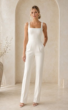Combinaison de mariage minimaliste en satin, col carré, sans manches, longueur au sol