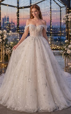 Off Shoulder Starry Tulle Ball Gown Rooftop Bridal Dress