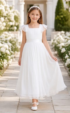 Vestido de té de tul para niña de las flores con cuello cuadrado y mangas con volantes para comunión.