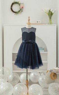 Dark Navy Chiffon Pleated Sleeveless Casual Flowergirl Dress