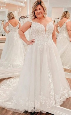 Queen Anne Lace Plus Size Notched Empire A-line Low-v Back Wedding Dress Styles