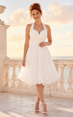 Lace Edged Halter Ivory A-Line Tea-length Sleeveless Chiffon Romantic Vintage Cocktail Guest Garden Dress