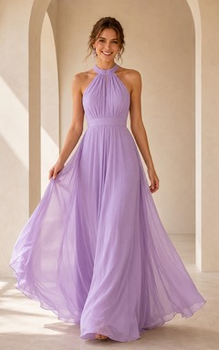 Lavendel High Neck Neckholder Rüschen Chiffon A-Linie Boden Vestido Puesta Largo