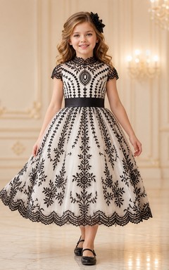 Black Tea-length Ball Gown High Neck Cap Sleeve Lace Flowergirl Dress
