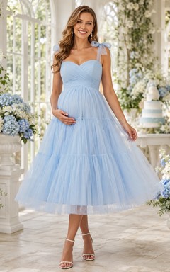 Sky Blue Sweetheart Bow Strap Tulle Tiered Maternity Tea Length Party Dress