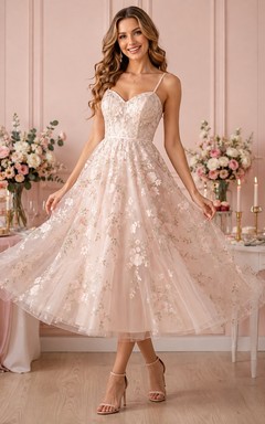 Bridal Romantic Sweetheart Lace-Tulle Sleeveless A-Line Tea-Length Wedding Dress