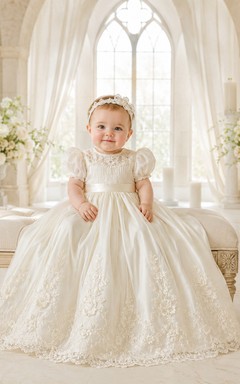 Puff Sleeve Christening Gown A-Line Lace Tulle High Neck Embroidered Skirt