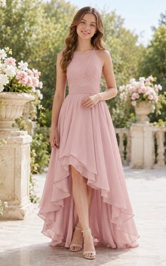 Vestido de dama de honor juvenil rosa ruborizado, corte A, escote halter, sin mangas, bajo asimétrico, gasa con volantes, estilo romántico.