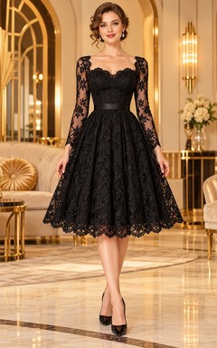 Robe de cocktail vintage noire à col carré, manches longues et dentelle, longueur thé