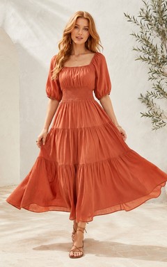 Orange Square-Neck Short Puff-Sleeve Tiered Chiffon A-Line Floor-Length Dress