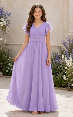 Lavendelfarbenes Brautjungfernkleid für junge Damen, A-Linie, V-Ausschnitt, kurze Ärmel, Rüschen, elegant, formell