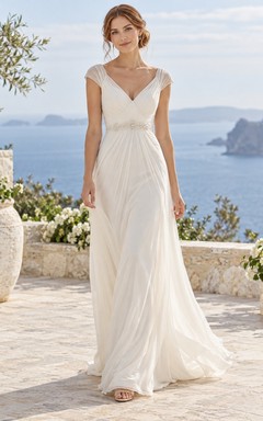 V-neck Cap Sleeve Pleated Chiffon A-line Train Wedding Dress