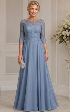 A-Line Bateau 3/4 Length Sleeve Chiffon Mother Dress with Lace