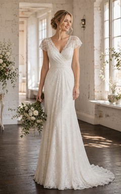 Casual Modest Lace Convertible Wrap Ivory Empire Vintage Vow Renewal Wedding Dress with Drapings
