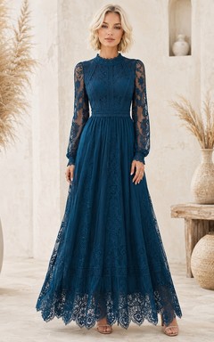 Vestido de novia vintage estilo bohemio azul marino con encaje, cuello alto y manga larga, corte en A