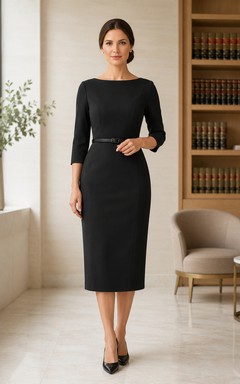 Black three quarter sleeve belted jewel neck law office dress