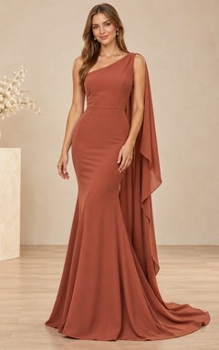 Terracotta One Shoulder Draped Cape Mermaid Train Evening Gown